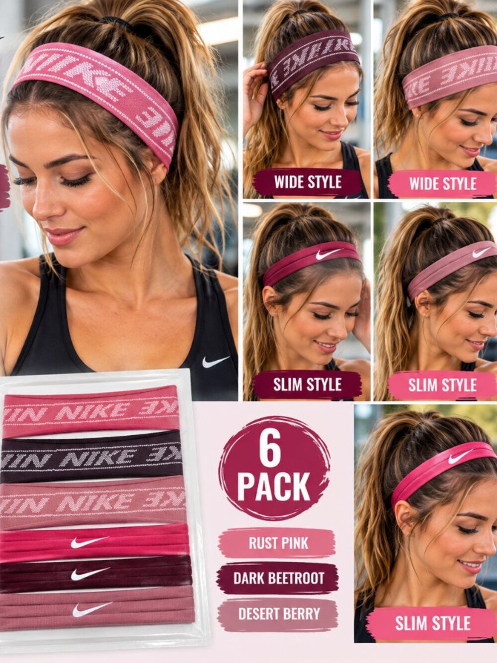 Nike Women's Seamless Hairbands 6-Pack Pink Burgundy Athletic Headbands OSFM